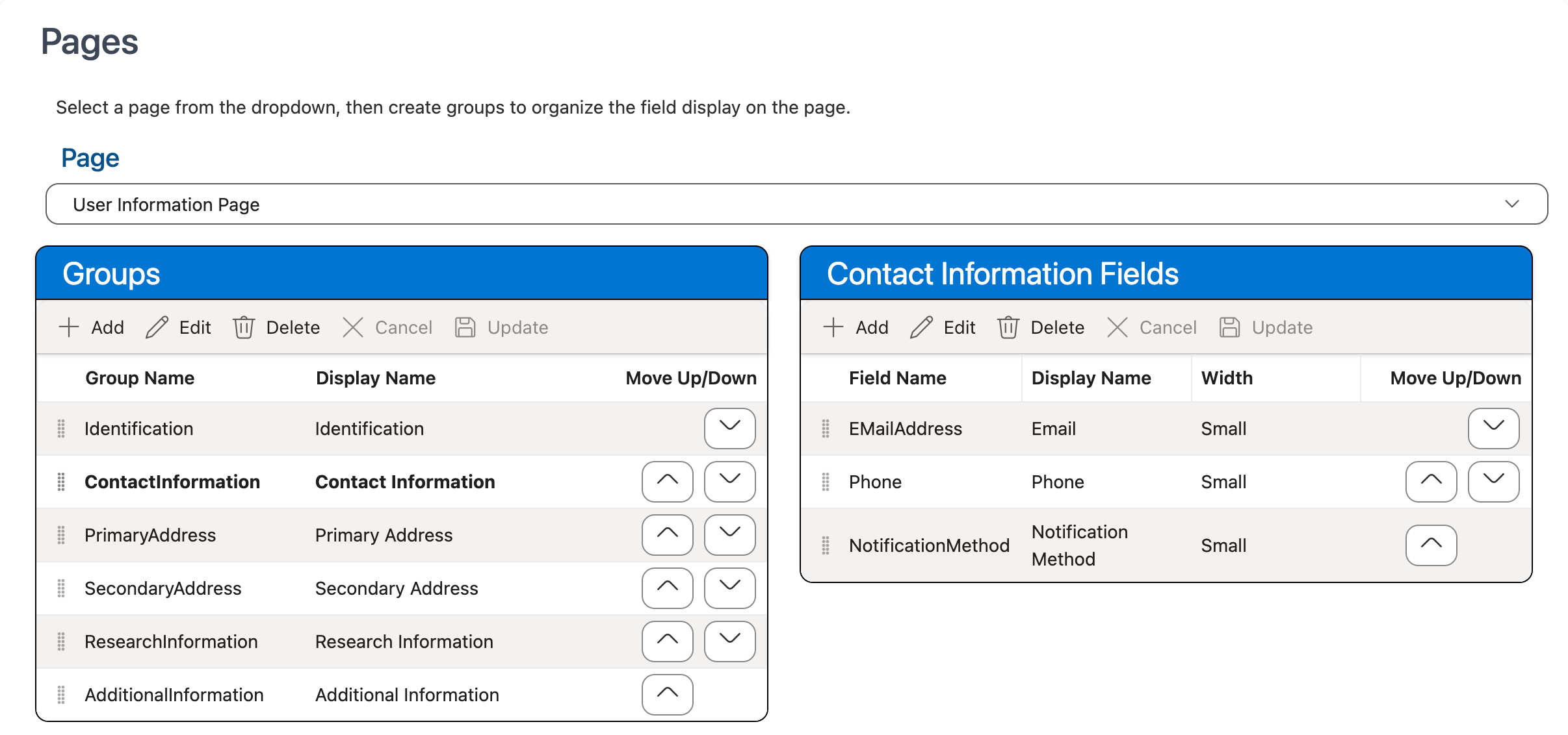 Pages section